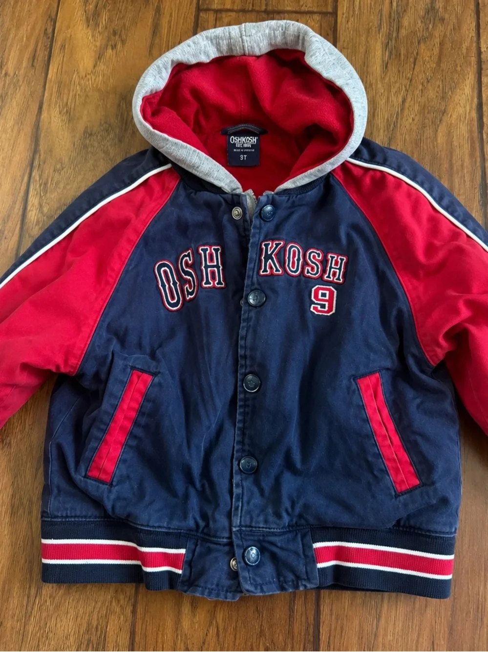 OshKosh Boys Hooded Varsity Jacket Size 3T – Red & Navy